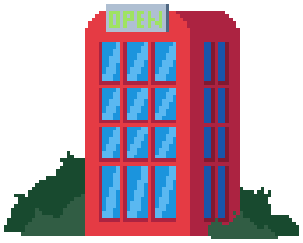 Pixel phonebooth labeled OPEN